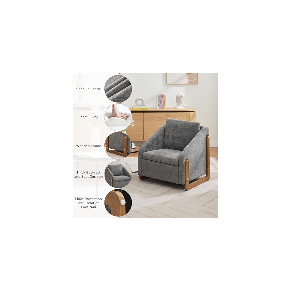 Set of 1 Chenille Fabric Modern Upholstered Armchair with Wooden Side Frame, Accent Leisure Chair with Cushioned Seat and Backrest for Living Room, Bedroom