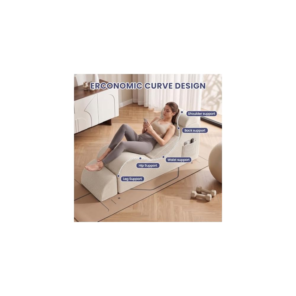Convertible Yoga Chair for Adults, Ergonomic Lounge Chair Indoor with Side Pocket, Headrest, Waist Pad, Ottoman No Assembly Required(Beige)