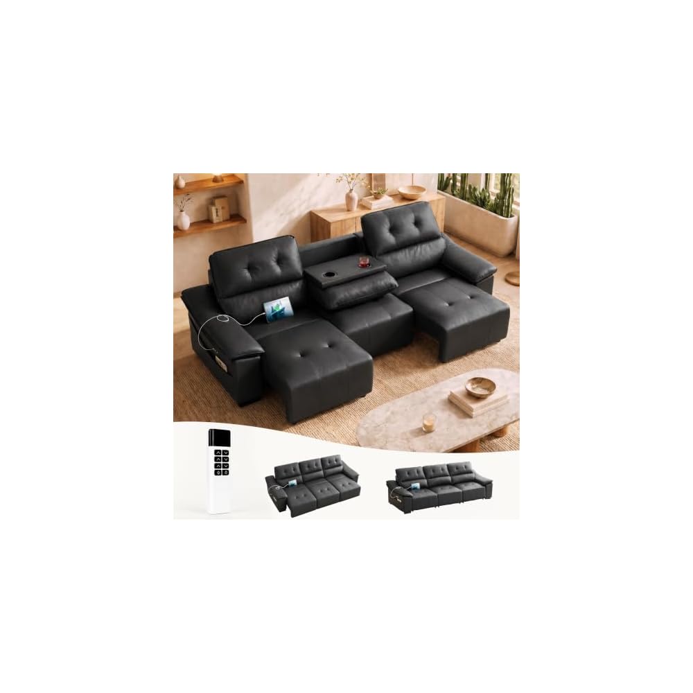 110’’ Electric Leather Recliner Couch, Power Extendable Pull Out Sofa Bed