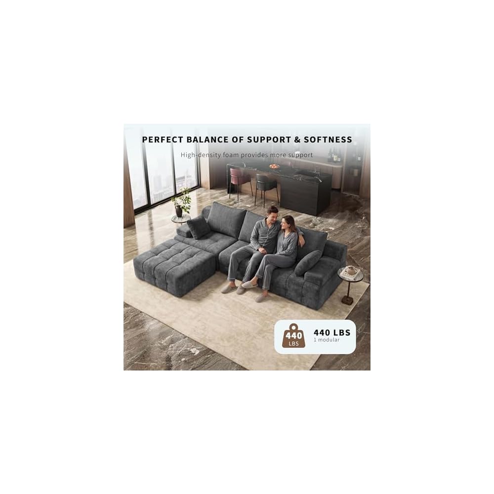110" Cloud Sectional Couches for Living Room,Modern Convertible L-Shape Couch with Ottoman 3 Seater Chenille Fabric Comfy Cloud Couches with Movable Ottoman Black