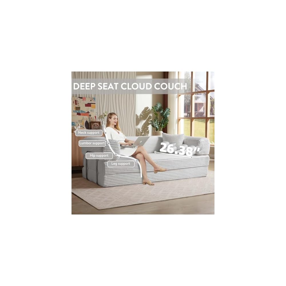Convertible Folding Sofa Bed,Fold Out Floor Sofa Couch with Fixed-Shape Frame,Corduroy Foldable Mattress Cloud Couch for Living Room Bedroom (Light Gray, 81 Inch)