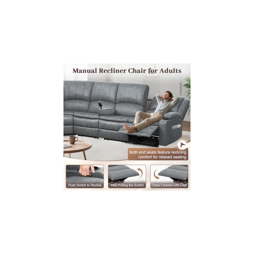 Yolsali 6 Seater Reclining Sofa Set, Modern Living Room Couch Set (Pu,Grey)