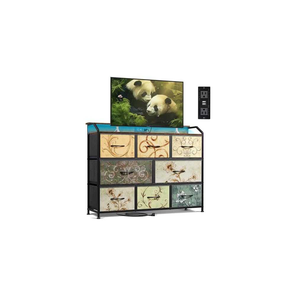 WLIVE Dresser for Bedroom, 8 Drawer LED Dresser with Outlet, Black
