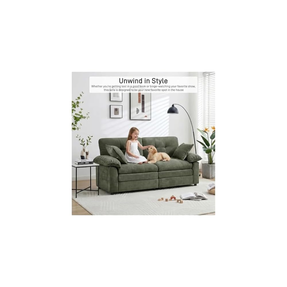 84" Chenille Loveseat Sofa, Deep Seat Cloud Couch for Living Room – 2-Seat Modular Sofa with Pillow Back & Pillow Arms, High-Density Foam Fill, 400 lbs Capacity, Modern Apartment Couch, Green