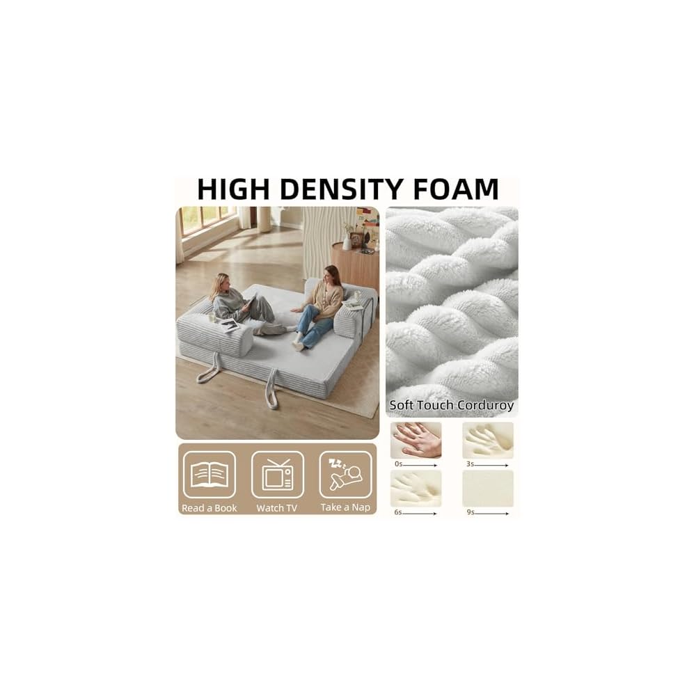 Convertible Folding Sofa Bed,Fold Out Floor Sofa Couch with Fixed-Shape Frame,Corduroy Foldable Mattress Cloud Couch for Living Room Bedroom (Light Gray, 81 Inch)