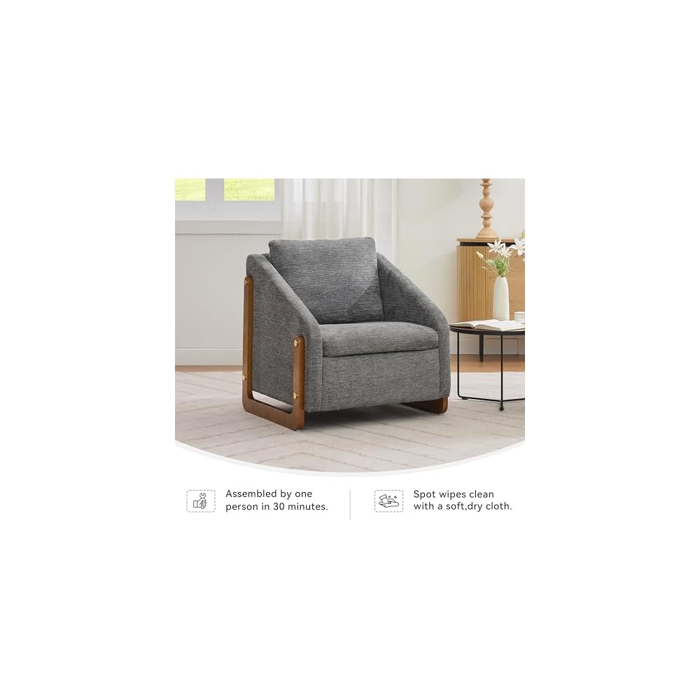 Set of 1 Chenille Fabric Modern Upholstered Armchair with Wooden Side Frame, Accent Leisure Chair with Cushioned Seat and Backrest for Living Room, Bedroom
