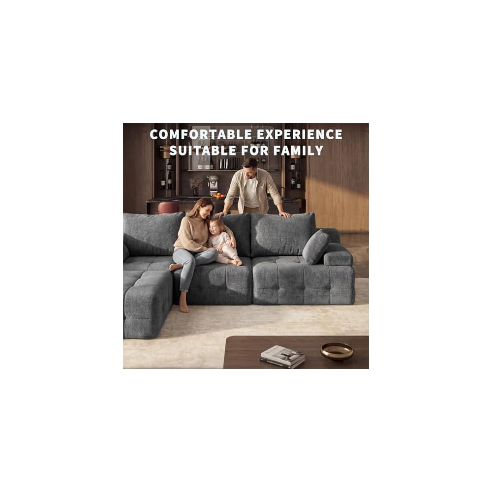 110" Cloud Sectional Couches for Living Room,Modern Convertible L-Shape Couch with Ottoman 3 Seater Chenille Fabric Comfy Cloud Couches with Movable Ottoman Black