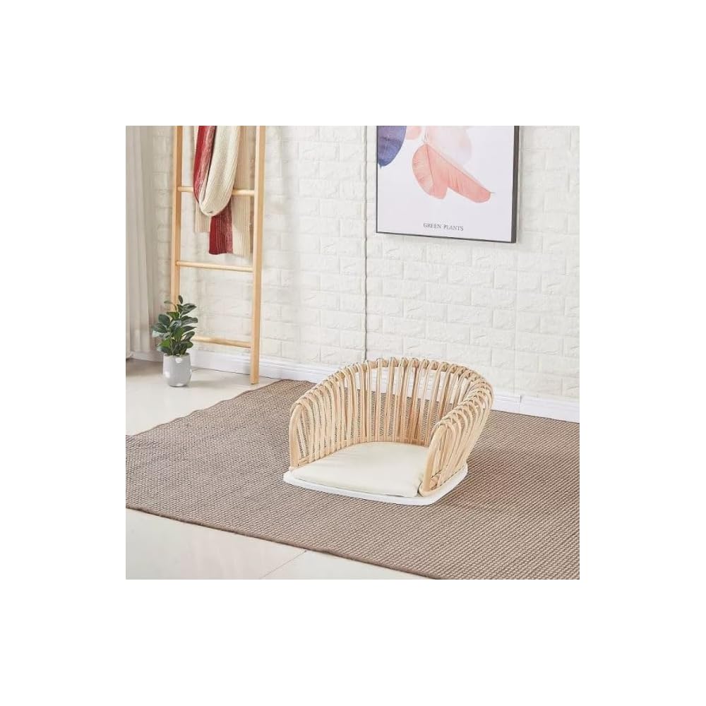 Portable Floor Chair, Traditional Rattan Legless Tatami Chair with Armrest and Backrest Floor Chair, Low Seat Chair with Comfortable Cushion, for Bay Window, Office, Home,