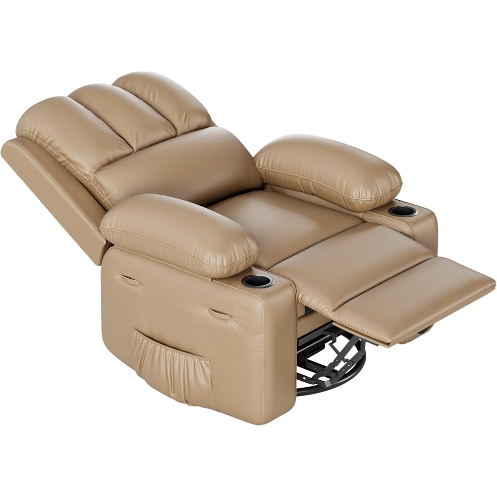GarveeHome Leather Recliner Chair, Manual Recliner w/Comfortable Arms and Cup Holders for Living Room CF8011 - Khaki, Medium