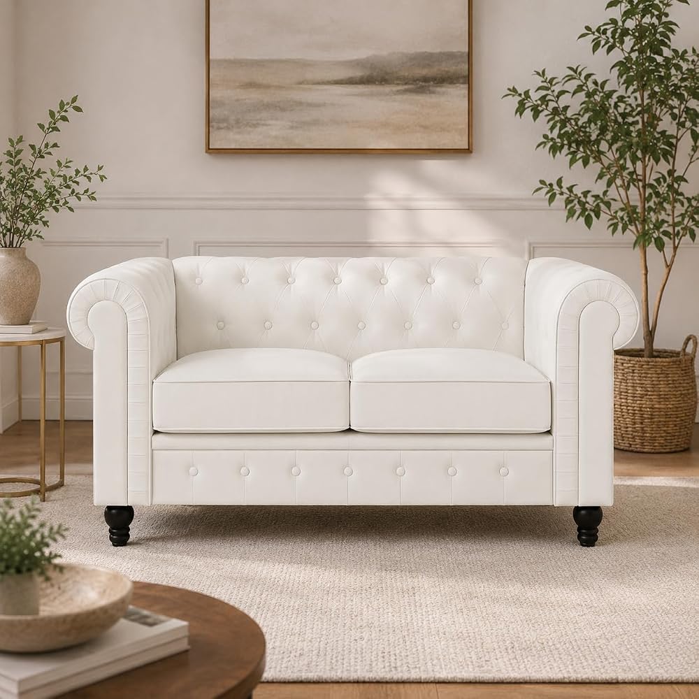 Naomi Home Emery Chesterfield Faux Leather Loveseat, White