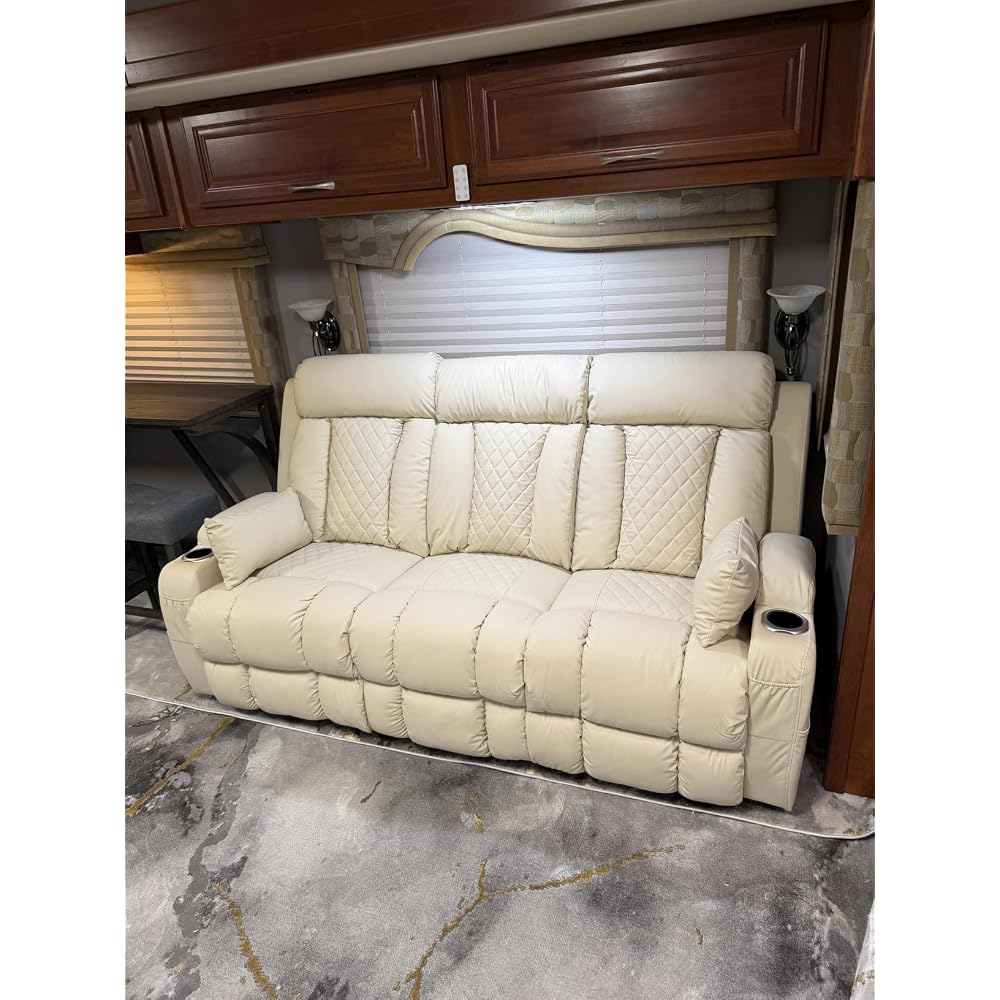 Zero Wall Hugger Power Reclining Sofa with Adjustable Headrest, Electric Reclining Couch with Drop-Down Table,Outlets, Power Loveseat Recliner Sofa for Living Room (PU Beige, 3 Seat)