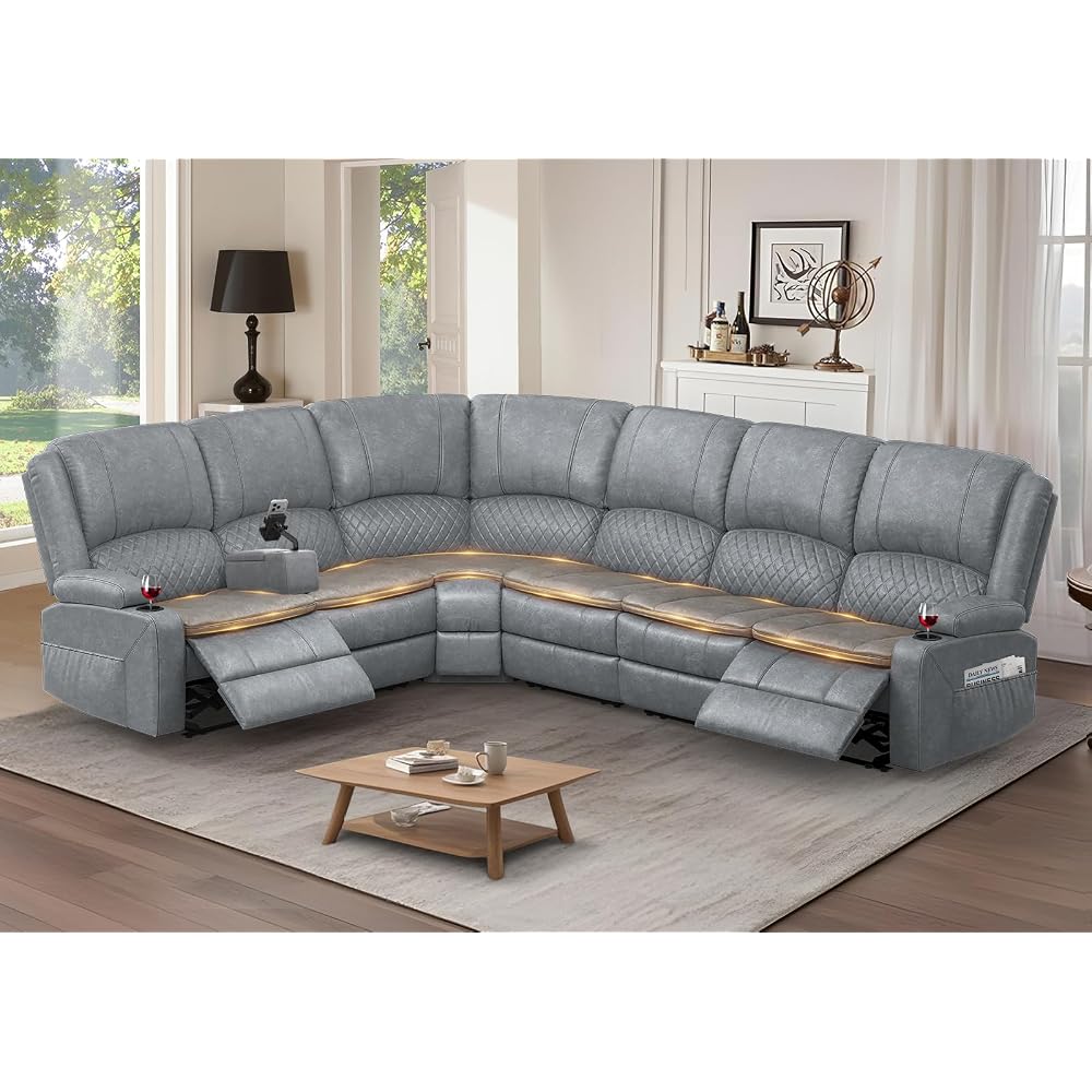 Yolsali 6 Seater Reclining Sofa Set, Modern Living Room Couch Set (Pu,Grey)