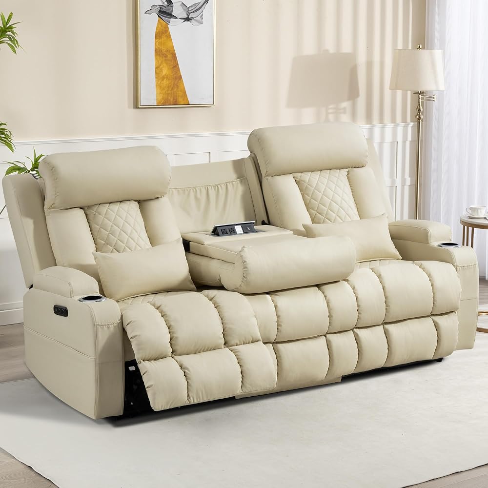 Zero Wall Hugger Power Reclining Sofa with Adjustable Headrest, Electric Reclining Couch with Drop-Down Table,Outlets, Power Loveseat Recliner Sofa for Living Room (PU Beige, 3 Seat)