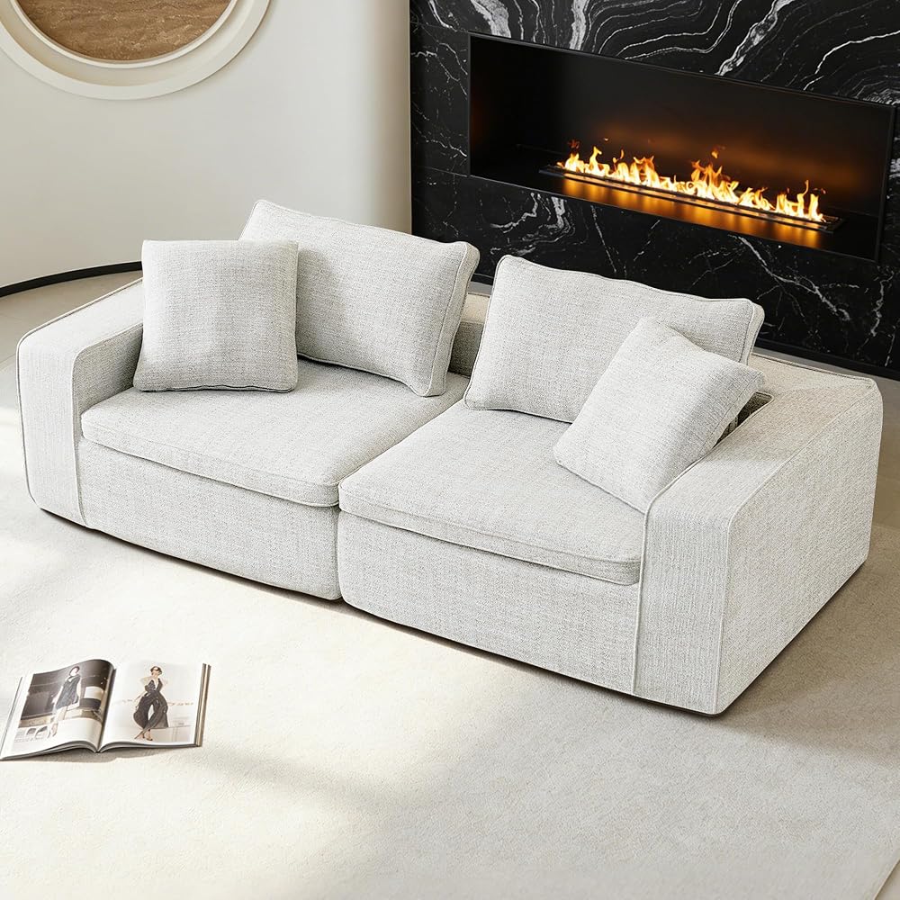 94" Cloud Modular Sofa, Oversized Sectional Couch with Washable Linen Fabric Covers,LoveSeat Deep Seat Sofa with Ottoman, Down Filled Convertible Furniture for Living Room (White, LoveSofa)