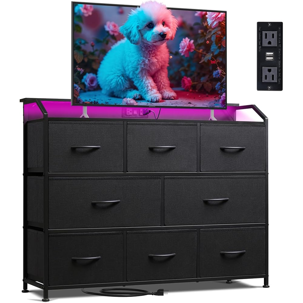 WLIVE Dresser for Bedroom, 8 Drawer LED Dresser with Outlet, Black