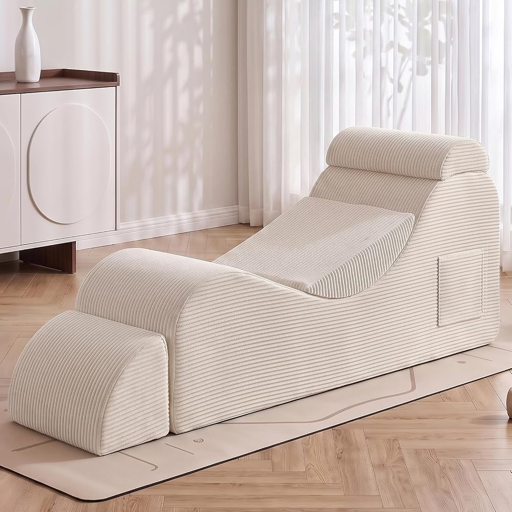 Convertible Yoga Chair for Adults, Ergonomic Lounge Chair Indoor with Side Pocket, Headrest, Waist Pad, Ottoman No Assembly Required(Beige)