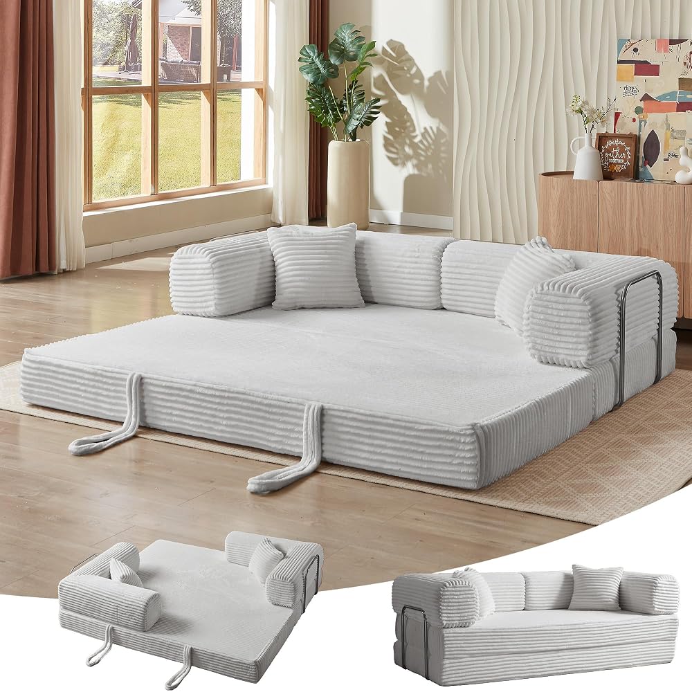 Convertible Folding Sofa Bed,Fold Out Floor Sofa Couch with Fixed-Shape Frame,Corduroy Foldable Mattress Cloud Couch for Living Room Bedroom (Light Gray, 81 Inch)